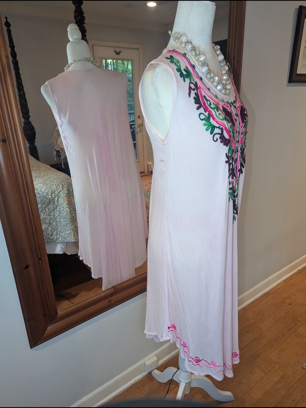 Embroidered Sleeveless Pink Tunic Coverup Spring Summer Dress - Picture 5 of 8